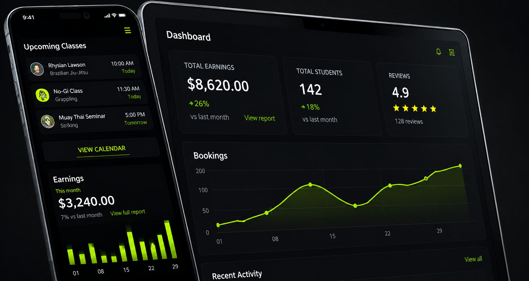 MatUnity coach dashboard showing earnings, bookings and upcoming classes on phone and tablet